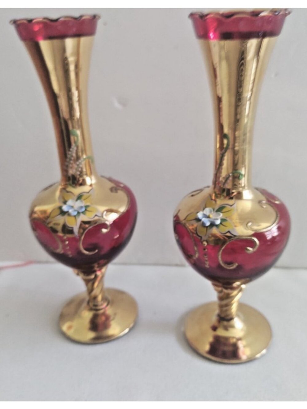 Murano Venetian Gold Gilt, Enameled Flowers Red Glass Vase 7 1/2" Set of Two